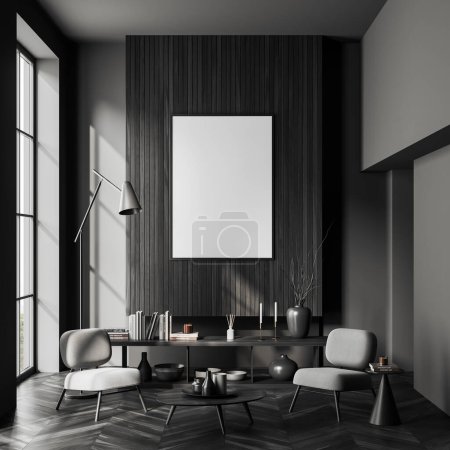 Photo for Dark living room interior two armchairs and coffee table, minimalist shelf with decoration and panoramic window, black hardwood floor. Mock up canvas poster. 3D rendering - Royalty Free Image