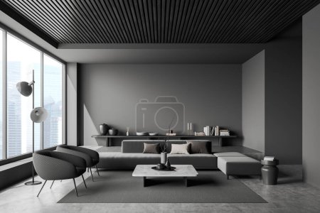 Photo for Dark living room interior with sofa and armchairs with art decoration, carpet on grey concrete floor. Panoramic window on skyscrapers. Mockup copy space empty wall. 3D rendering - Royalty Free Image