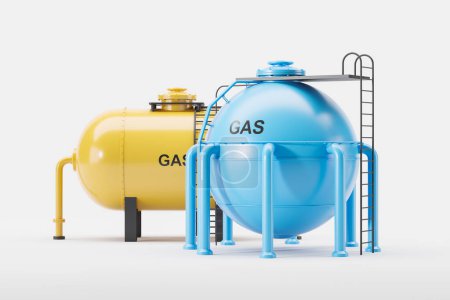 Téléchargez les photos : Yellow and blue gas tanks with ladder on white background. Concept of fuel storage and LNG. 3D rendering - en image libre de droit