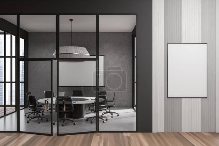 Foto de Light business room interior with armchairs and board behind glass doors, project screen on wall and panoramic window on skyscrapers. Mockup poster canvas. 3D rendering - Imagen libre de derechos