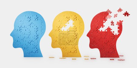 Téléchargez les photos : Three colorful human head profiles in row, jigsaw puzzle falling apart on white background. Concept of brain disease and illness progress. 3D rendering - en image libre de droit