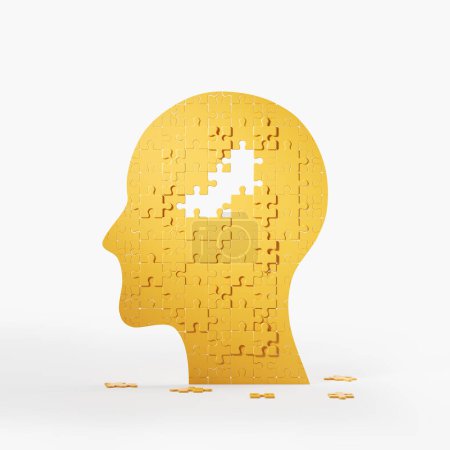 Photo for Yellow human head profile with jigsaw puzzle pieces falling apart on white background. Concept of dementia and mental illness. 3D rendering - Royalty Free Image