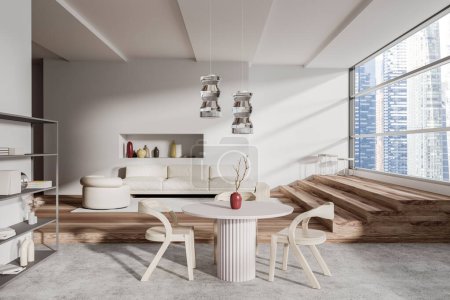 Téléchargez les photos : White living room interior with dining table and armchairs, sofa with decoration on wooden podium. Stairs and panoramic window on skyscrapers. 3D rendering - en image libre de droit