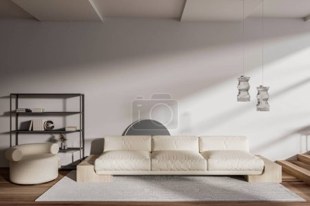Téléchargez les photos : White relaxing room interior with sofa and shelf with art decoration, armchair and carpet on hardwood floor. Mockup copy space empty wall. 3D rendering - en image libre de droit