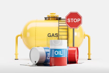 Téléchargez les photos : Large gas tank and russian oil barrels with stop sign. Concept of sanctions on oil and natural gas. 3D rendering - en image libre de droit