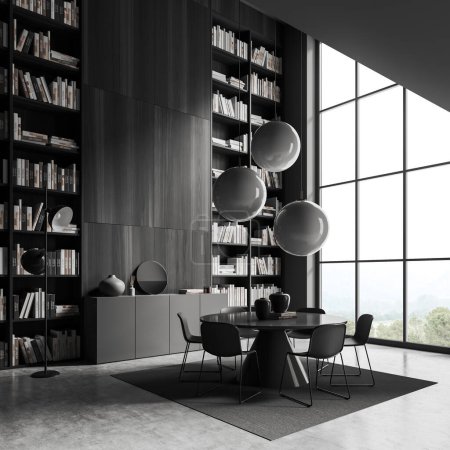 Foto de Dark living room interior with conference table and chairs on carpet, side view grey concrete floor. Tall shelf with home library, dresser with decoration and panoramic window. 3D rendering - Imagen libre de derechos