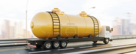 Foto de Delivery truck with yellow mock up copy space gas tank, moving on a highway. Concept of fuel transportation. 3D rendering - Imagen libre de derechos