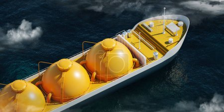 Téléchargez les photos : Top view of yellow tanker sailing in ocean water, three spherical gas tanks. Concept of shipping of LNG. 3D rendering - en image libre de droit