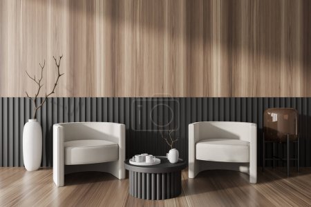 Téléchargez les photos : Front view on bright living room interior with armchairs, wooden wall, coffee table, oak hardwood floor, lamp, houseplant. Concept of minimalist design. Place for meeting. 3d rendering - en image libre de droit