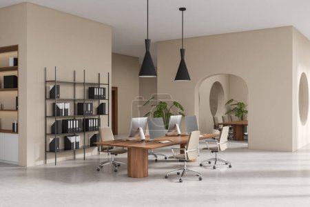 Photo for Corner view on bright office room interior with computers, desks, armchairs, shelves with folders, concrete floor. Concept of company, firm, meeting space. 3d rendering - Royalty Free Image