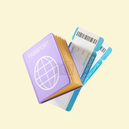 Foto de Two boarding pass tickets and passport on beige background. Concept of airplane and trip. 3D rendering - Imagen libre de derechos