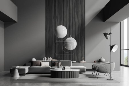 Téléchargez les photos : Dark living room interior with sofa, two armchairs and coffee table on carpet. Modern soft place with drawer and decoration. Panoramic window on countryside. 3D rendering - en image libre de droit
