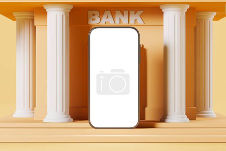 Téléchargez les photos : Smartphone with mock up blank display, cartoon orange bank house. Concept of online payment and mobile app. 3D rendering - en image libre de droit