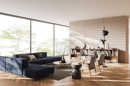 Foto de Corner view on bright living room interior with armchair, sofa, shelf with book, coffee table, panoramic window, white wall, wooden floor. Concept of minimalist design. Place for meeting. 3d rendering - Imagen libre de derechos