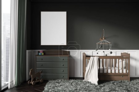Téléchargez les photos : Front view on dark baby room with empty white poster, child bed, panoramic window, green wall, oak wooden hardwood floor. Concept of nursery in soft design for newborn kid. Mock up. 3d rendering - en image libre de droit
