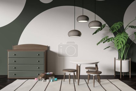 Téléchargez les photos : Front view on dark baby room with table with stools, sideboard, car toy, green and white wall, oak wooden hardwood floor, carpet, plant. Concept of nursery in soft design, cozy space for newborn kid. - en image libre de droit