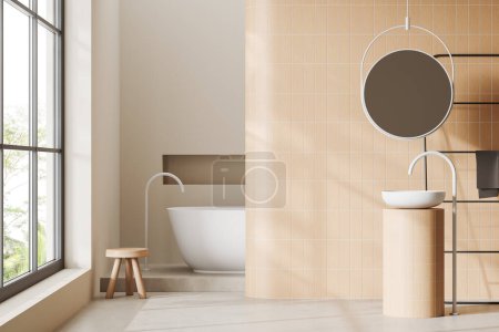 Foto de Cozy bathroom interior with bathtub on podium, sink with mirror and panoramic window on tropics. Beige tile wall partition and towel rail ladder. 3D rendering - Imagen libre de derechos