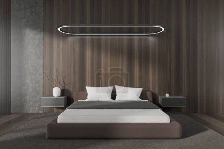 Téléchargez les photos : Front view on dark bedroom interior with bed, bedsides, carpet, oak hardwood floor, wooden wall. Concept of minimalist design. Space for chill and relaxation. 3d rendering - en image libre de droit
