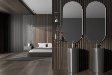 Foto de Dark studio interior with double sink and mirror with accessories. Sleeping zone with bed on carpet, partition on hardwood floor. 3D rendering - Imagen libre de derechos