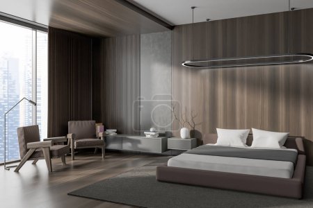 Photo for Brown hotel bedroom interior with bed and armchairs, side view near panoramic window. Relaxing corner with drawer and minimalist decoration. 3D rendering - Royalty Free Image