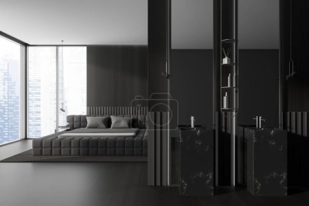 Foto de Dark wooden studio interior with double sink and mirror with accessories. Sleeping area with bed on carpet, panoramic window on skyscrapers. 3D rendering - Imagen libre de derechos