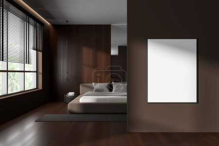 Téléchargez les photos : Front view on dark bedroom interior with empty white poster, bed, bedsides, panoramic window, oak hardwood floor, wooden wall. Concept of minimalist design. Space for chill. Mock up. 3d rendering - en image libre de droit