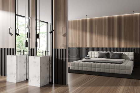 Téléchargez les photos : Corner view on bright studio room interior with bed, bedsides, double sink, mirror, carpet, oak hardwood floor, wooden wall. Concept of minimalist design. Space for chill and relaxation. 3d rendering - en image libre de droit
