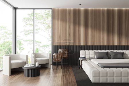 Téléchargez les photos : Front view on bright bedroom interior with bed, bedsides, armchair, panoramic window, carpet, hardwood floor, wooden wall. Concept of minimalist design. Space for chill and relaxation. 3d rendering - en image libre de droit