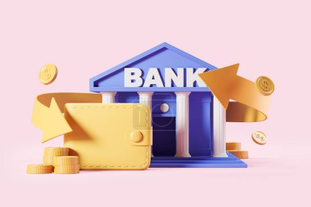 Téléchargez les photos : Bank house and wallet with arrow, falling coins on pink background. Concept of cashback and finance. 3D rendering - en image libre de droit