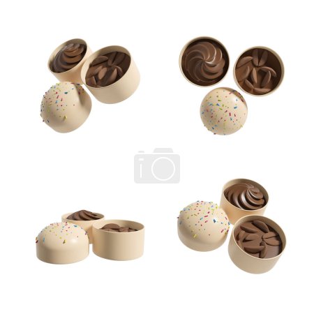 Téléchargez les photos : White chocolate candies with brown cream and confetti, four pieces from different angles on white background. Concept of sweets. 3D rendering - en image libre de droit