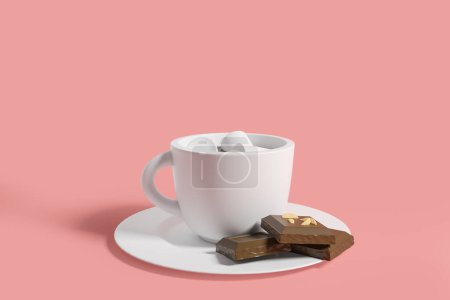 Photo for Coffee cup with marshmallows and chocolate bars on a plate, empty pink background. Concept of drink and coffee. Mock up copy space. 3D rendering - Royalty Free Image