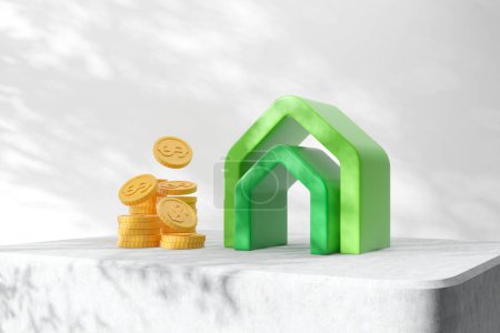 Téléchargez les photos : Green abstract house sign on concrete podium with stack of dollar coins, shadow and white background. Concept of mortgage and realtor. 3D rendering - en image libre de droit