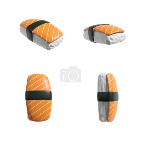 Téléchargez les photos : Set of four sushi nigiri with salmon from different angles, white background. Concept of japanese food and restaurant. 3D rendering - en image libre de droit