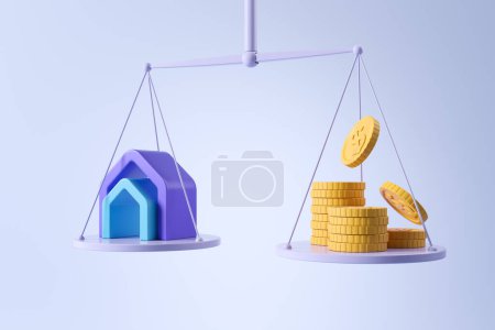 Photo for Purple balanced scale with abstract house sign and dollar coins, blue background. Concept of investment and sale. 3D rendering - Royalty Free Image