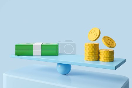 Foto de Blue scale with green banknotes and falling gold coins, podium and copy space empty blue background. Concept of exchange and currency. 3D rendering - Imagen libre de derechos