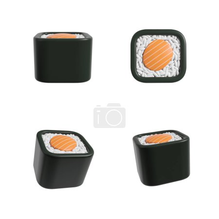 Foto de Set of four maki sushi roll with salmon from different angles, white background. Concept of japanese food and cuisine. 3D rendering - Imagen libre de derechos
