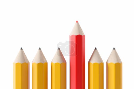 Foto de Row of pencils with red one higher and standing out, leadership and achievement. Concept of ambitious and original. Copy space. 3D rendering - Imagen libre de derechos