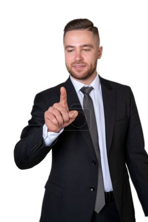 Téléchargez les photos : Businessman finger touching something, isolated over white background. Concept of futuristic technology and augmented reality - en image libre de droit