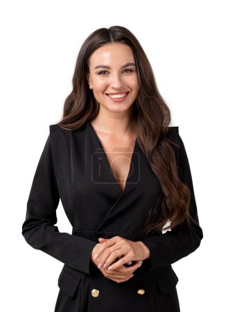 Photo for Young businesswoman in black formal dress, smiling portrait with hands crossed. Isolated over white background. Concept of business and career development - Royalty Free Image