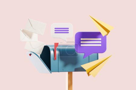 Foto de Mailbox with envelope flying inside, speech bubble with abstract text and paper planes on pink background. Concept of online communication and email. 3D rendering - Imagen libre de derechos