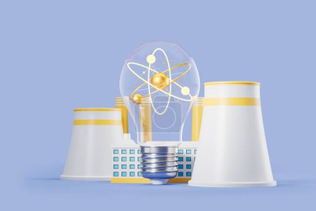 Foto de Large lightbulb with atom inside, nuclear power plant and factory on blue background. Concept of energy generation and science. 3D rendering - Imagen libre de derechos