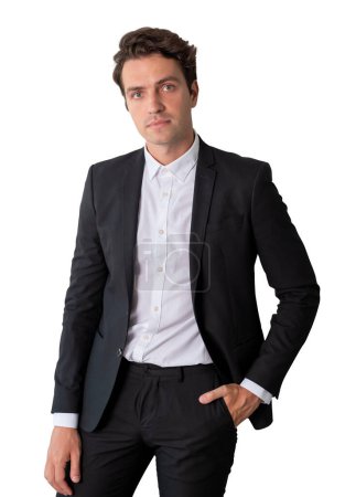 Téléchargez les photos : Pensive businessman portrait in black formal suit, hand in pocket and looking at the camera. Isolated over white background. Concept of business career and development - en image libre de droit