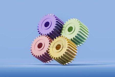 Foto de Four colorful gears spinning, cooperation process on blue background. Concept of brainstorm and teamwork. 3D rendering - Imagen libre de derechos