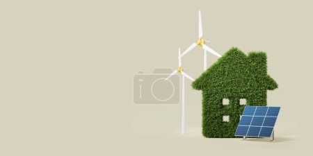 Green grass home with solar panels and wind power station on beige empty background. Concept of alternative sources and renewable energy. Copy space. 3D rendering