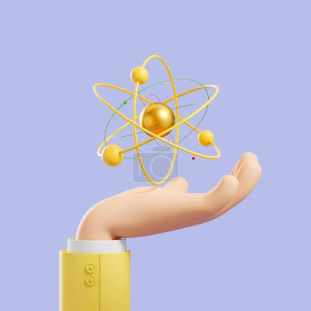 Téléchargez les photos : Cartoon character hand with gold peaceful nuclear atom, electrons rotating on blue background. Concept of science and energy. 3D rendering - en image libre de droit