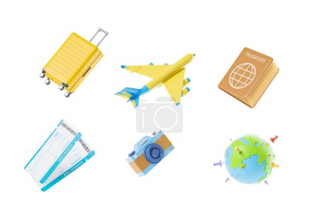 Téléchargez les photos : Different travel icons on white blank background. Suitcase, airplane, passport, boarding pass tickets, camera and earth globe. Concept of trip and tourism. 3D rendering - en image libre de droit