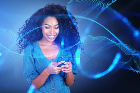 Photo for Black woman using phone in hands, smiling portrait. Metaverse and online connection in digital world. Concept of cyberspace and technology - Royalty Free Image