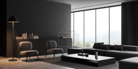 Photo for Corner view on dark living room interior with armchairs, panoramic window, books, sideboard, grey wall, concrete floor. Concept of minimalist design. Place for meeting. 3d rendering - Royalty Free Image
