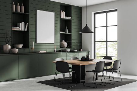 Foto de Green dining room interior with seats and table on carpet, side view light concrete floor. Dresser with decoration and panoramic window. Mockup poster. 3D rendering - Imagen libre de derechos