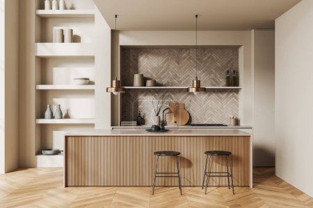 Téléchargez les photos : Beige kitchen interior with bar island and stool on hardwood floor. Shelf with minimalist decoration and cooking area with kitchenware. 3D rendering - en image libre de droit